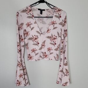 Forever21 Womens Floral V-Neck Bell Sleeve Top Size M Pink Cropped Y2K